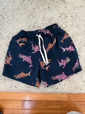 chubbies Navy Swim Trunks with Pink and Orange Tiger-Shark Print